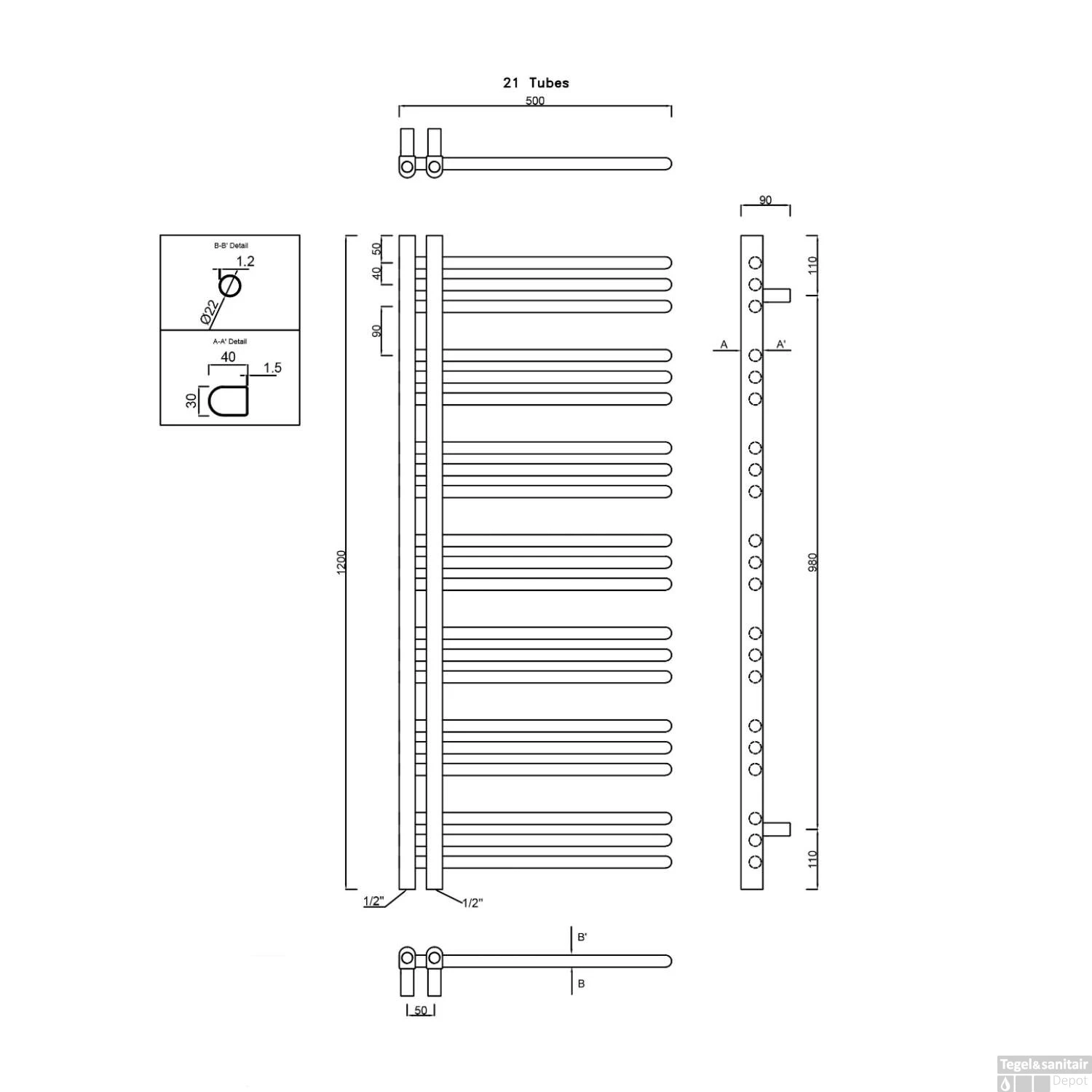 Handdoekradiator Sapho Dorlion Recht 50x120 Cm Wit 7 Handdoekradiator Sapho Dorlion Recht 50x120 Cm Wit - Afbeelding 5