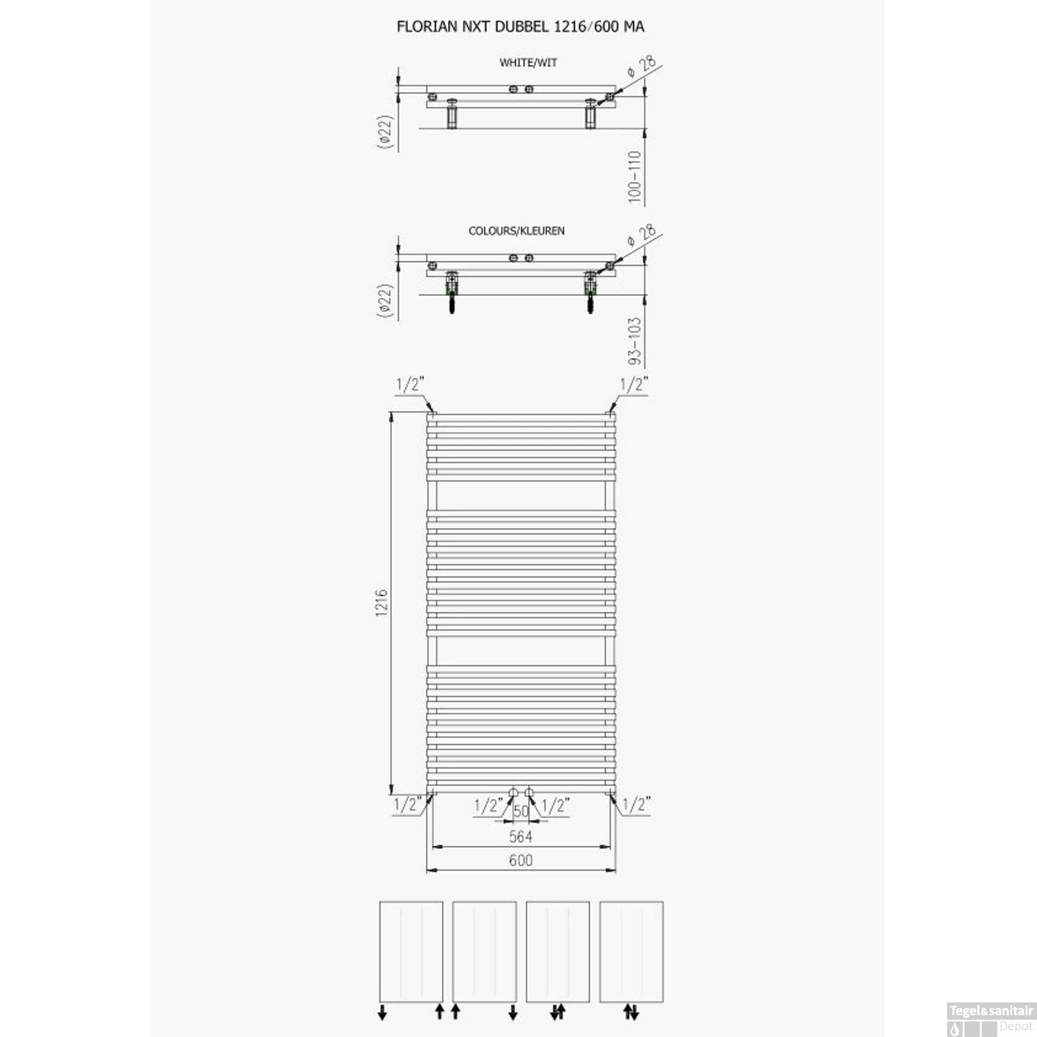 Designradiator Florion Nxt Dubbel 121,6 X 50 Cm 833 Watt Met Middenaansluiting Antraciet Metallic - Afbeelding 2