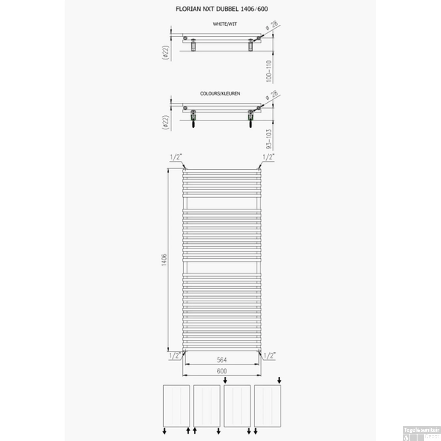 Handdoekradiator Florion Dubbel 1406 X 600 Mm Zandsteen - Afbeelding 2