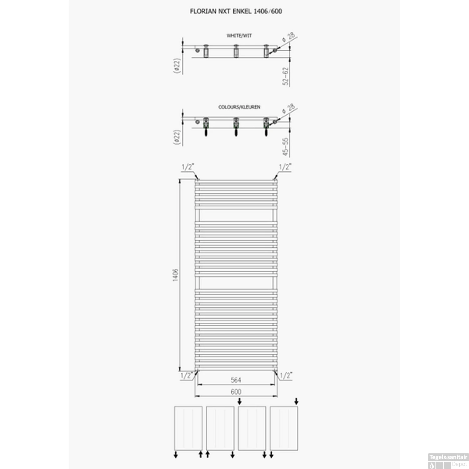 Handdoekradiator Florion Enkel 1406 X 600 Mm Mat Wit - Afbeelding 2