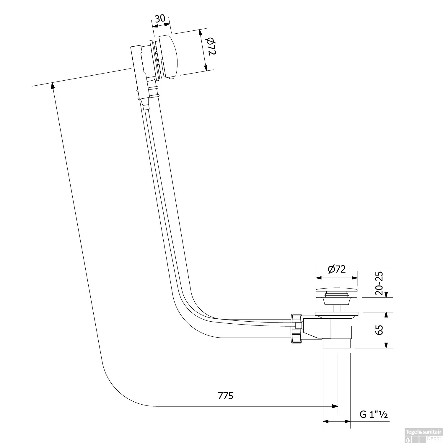 Badafvoercombinatie Polysan Marble Met Waste 775 Mm Plug 72 Mm Chroom - Afbeelding 3