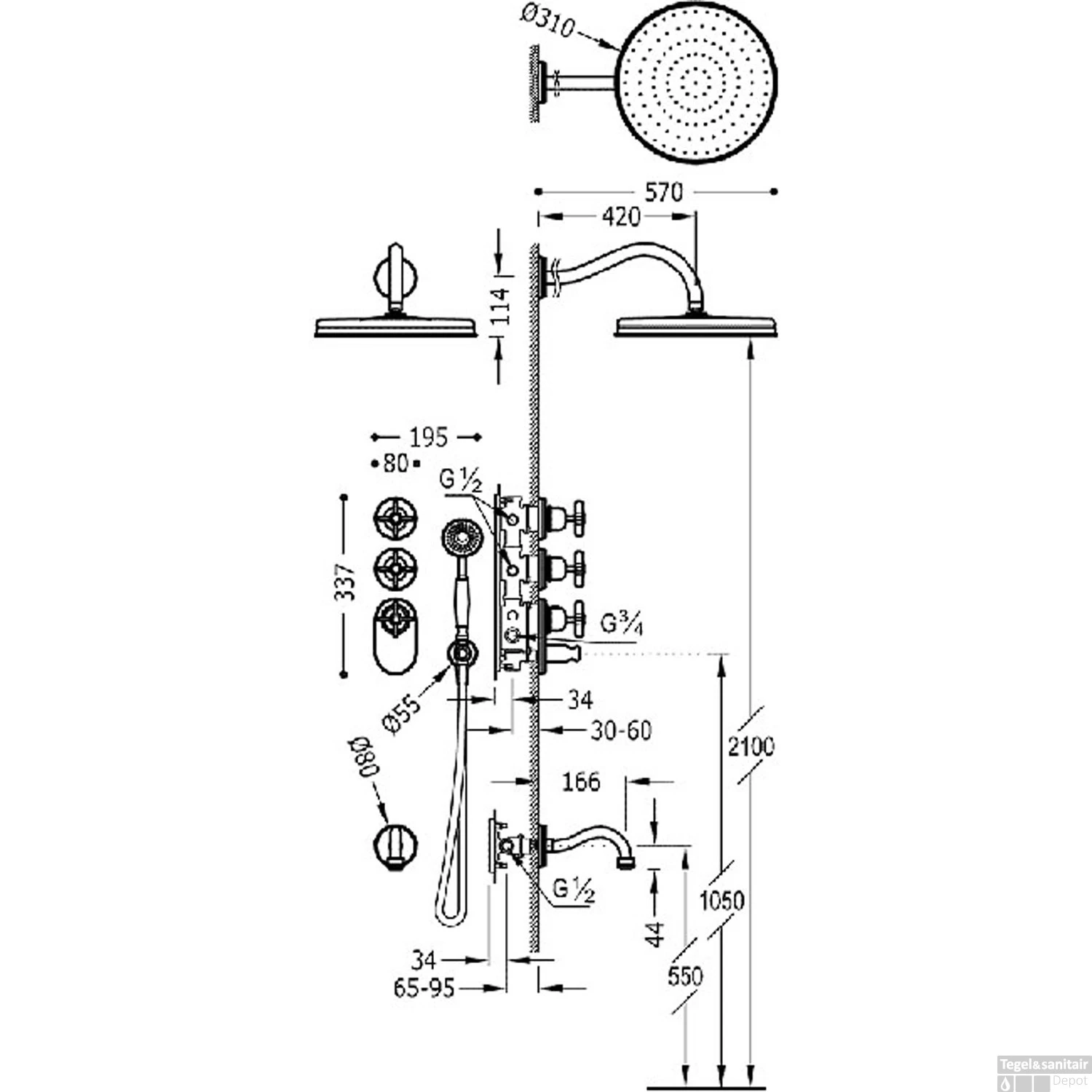 Badkraan Tres Clasic Thermostatisch Inbouw Incl. Regendouche 3-wegs Verouderd Messing 4 Badkraan Tres Clasic Thermostatisch Inbouw Incl. Regendouche 3-wegs Verouderd Messing - Afbeelding 2