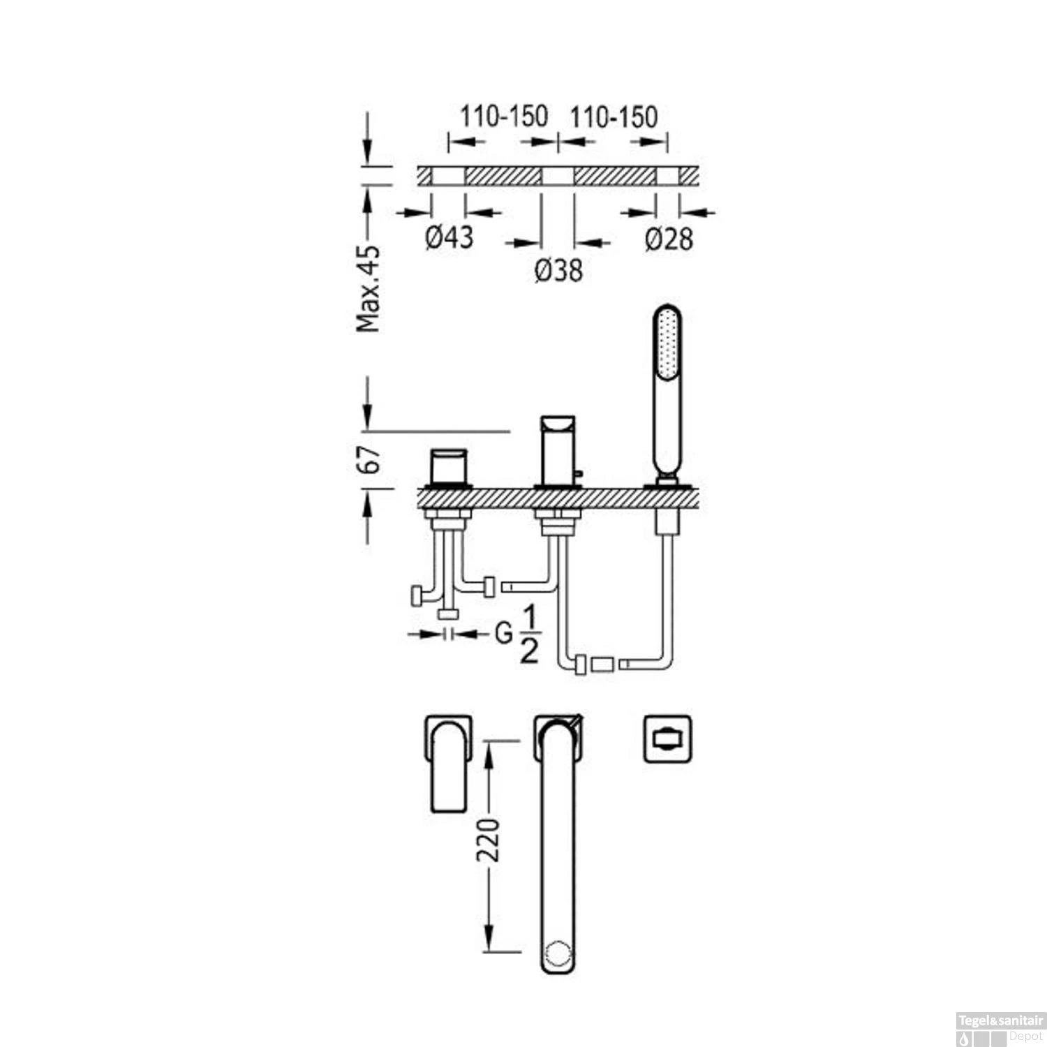 Badrandkraan Tres Loft Colors 1-Hendel Rechte Uitloop 22 Cm Met Omstel En Handdouche Mat Wit - Afbeelding 2
