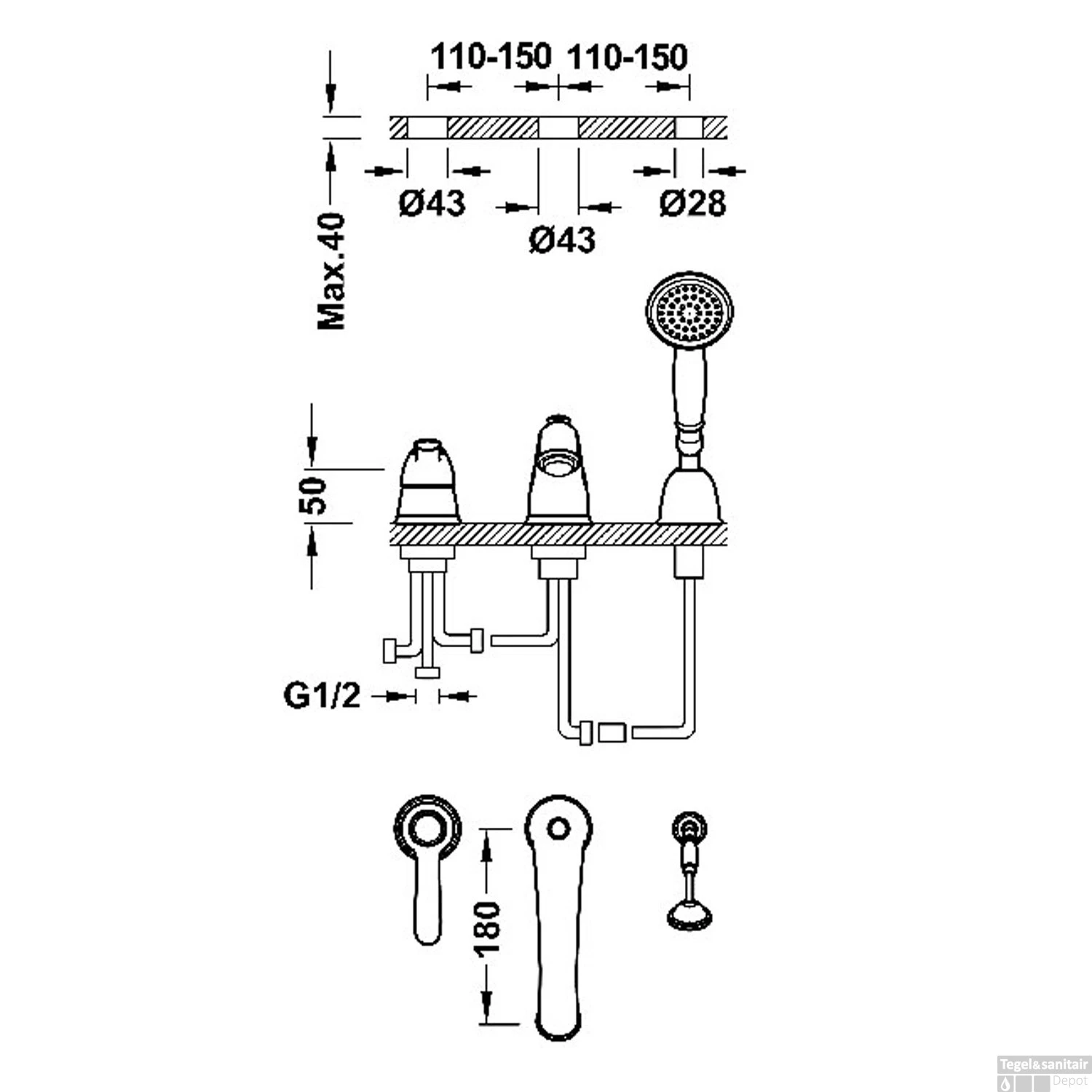 Badrandkraan Tres Clasic Mengkraan Incl. Handdouche Verouderd Messing 4 Badrandkraan Tres Clasic Mengkraan Incl. Handdouche Verouderd Messing - Afbeelding 2