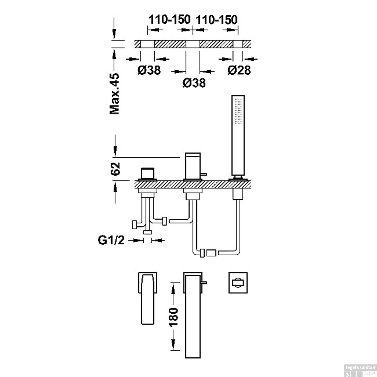 Badrandkraan Tres Slim Exclusive Met Handdoucheset Rechte Uitloop 18 Cm Goud - Afbeelding 2