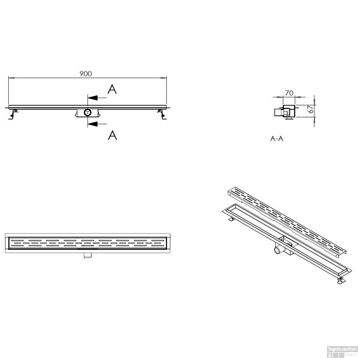BWS Douchegoot Flens Met Uitneembaar Sifon 90x7x6.7cm RVS Mat Zwart - Afbeelding 3