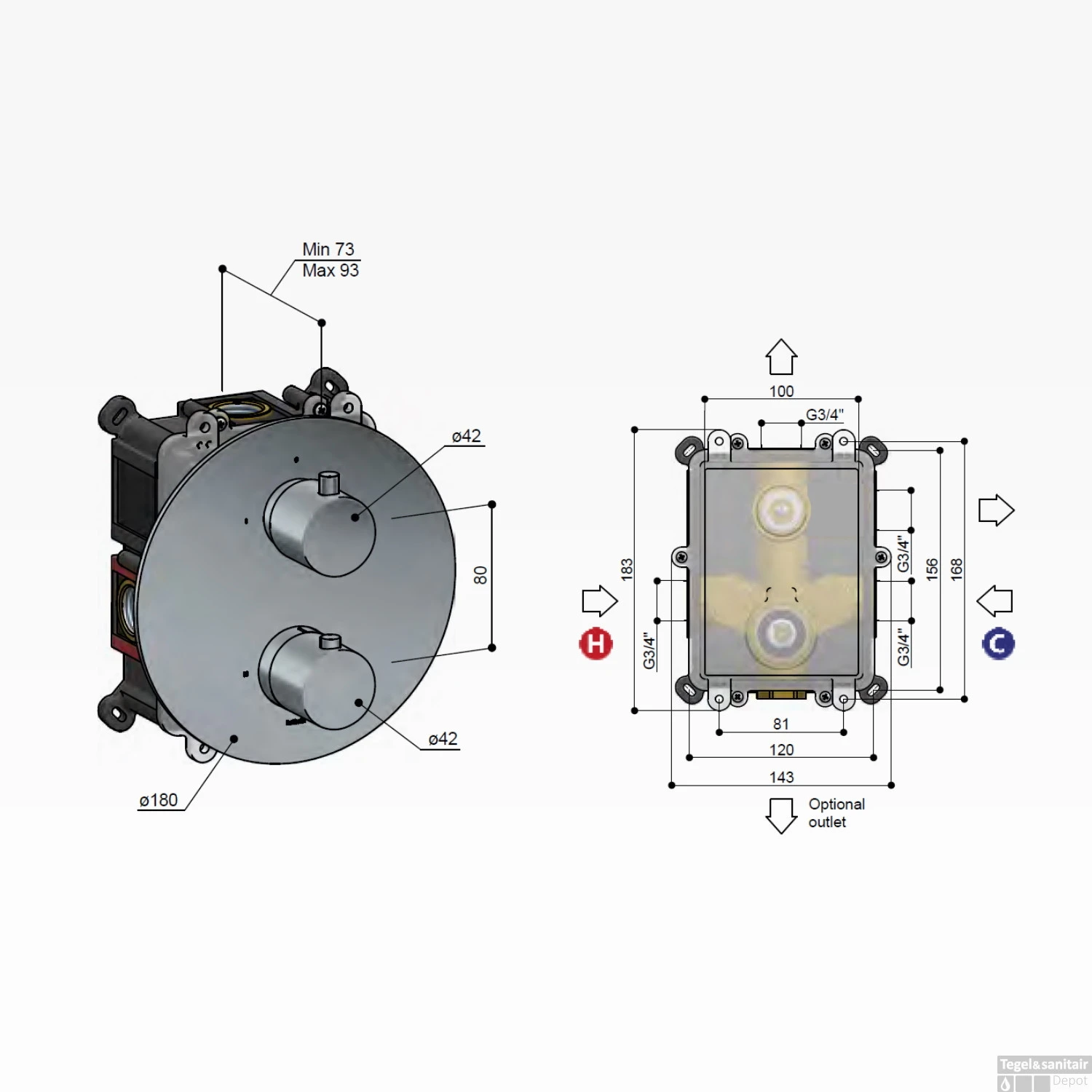 Douchethermostaat Hotbath Cobber Inbouw 2-weg Mat Wit (excl. Inbouwdeel) - Afbeelding 3