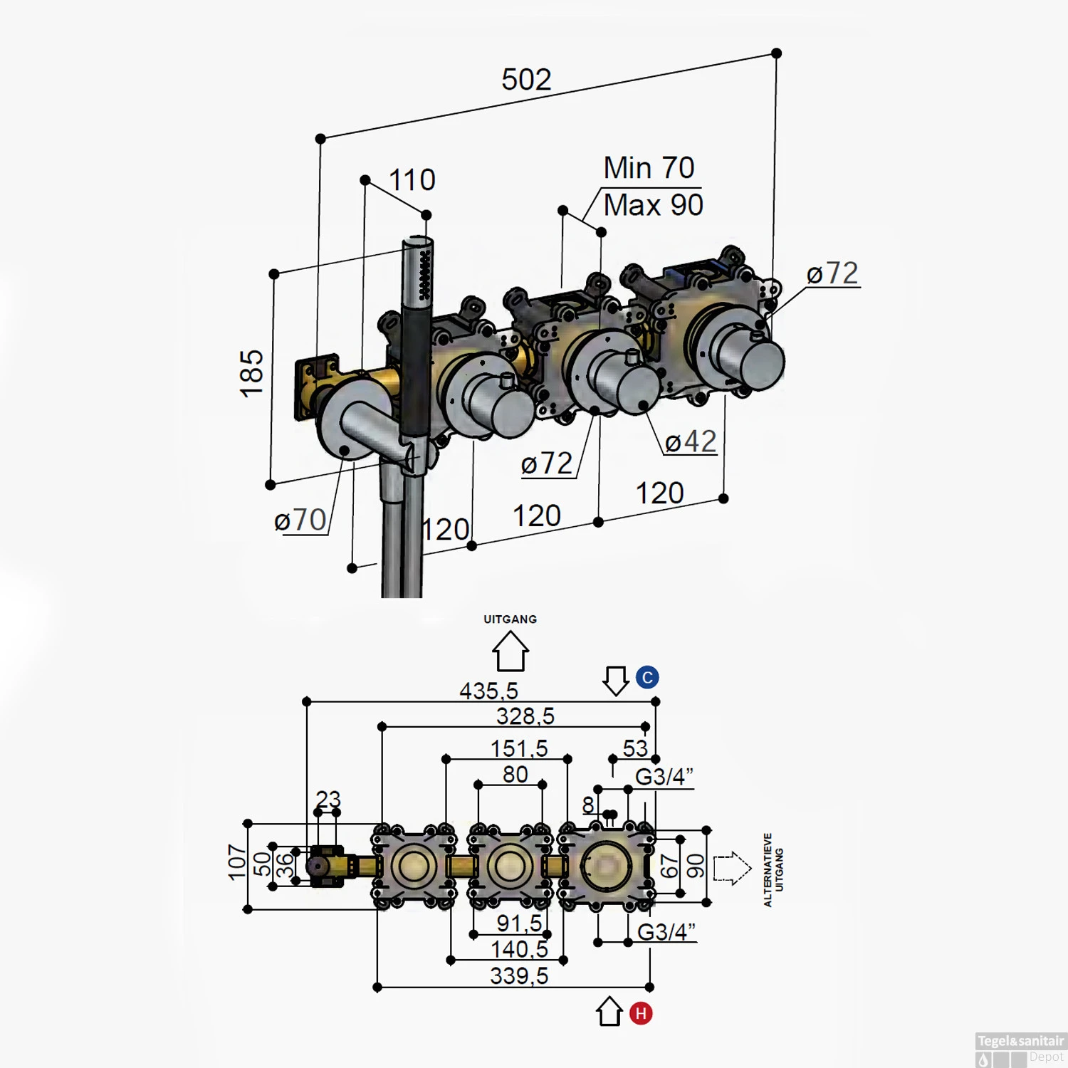 Bad- En Douchethermostaat Hotbath Cobber Inbouw 2 Stopkranen Gepolijst Messing PVD (excl. Inbouwdeel) - Afbeelding 3