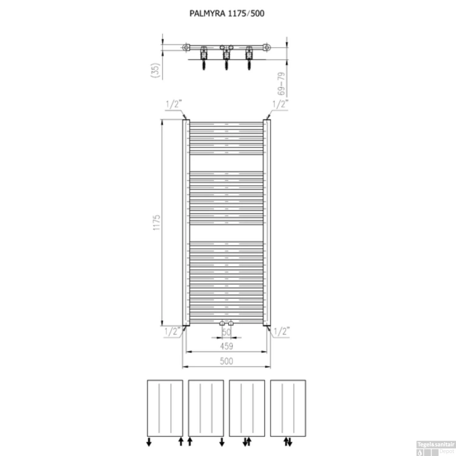 Designradiator Plieger Palmyra 580 Watt Midden- Of Zijaansluiting 117,5x50 Cm Zilver Metallic - Afbeelding 2