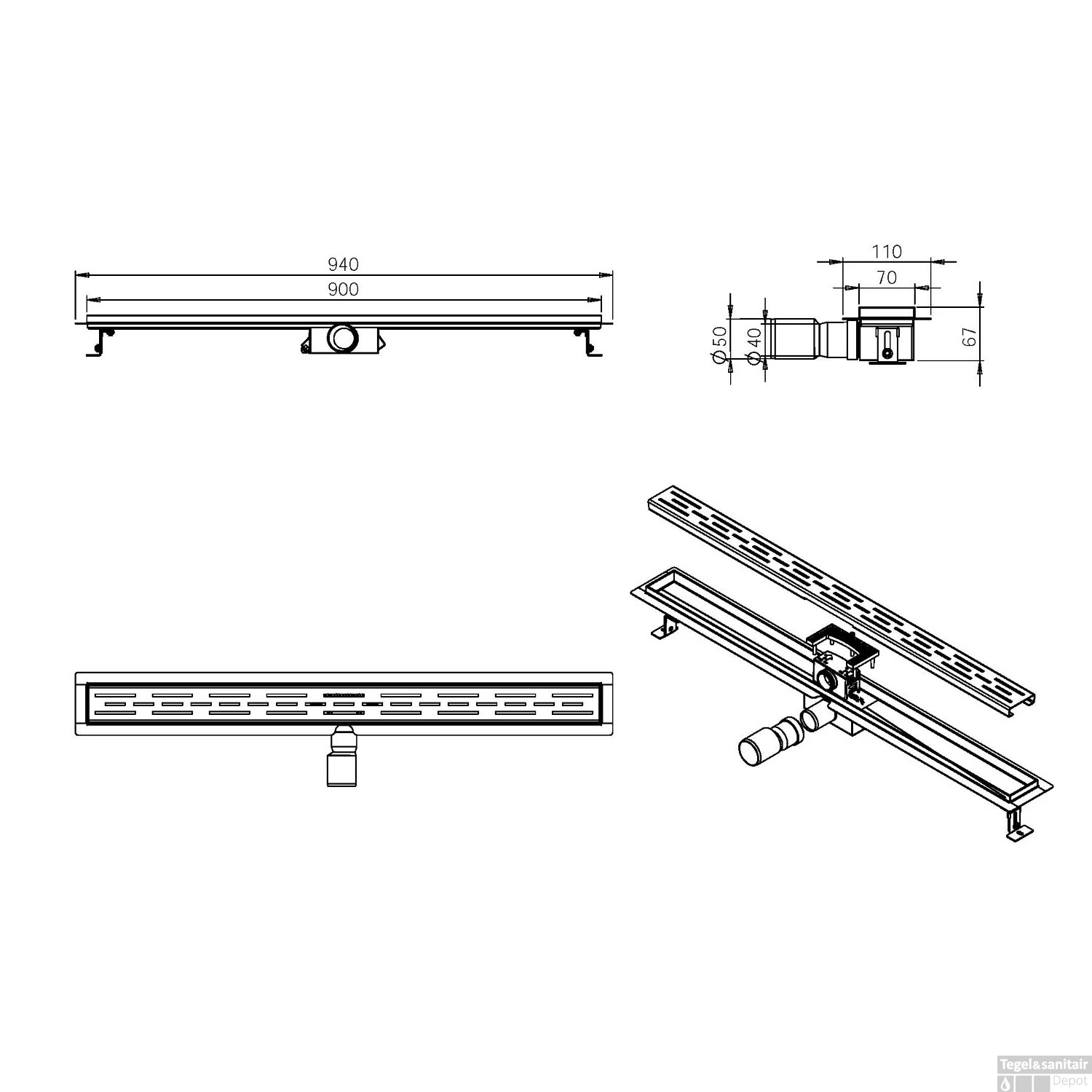 Douchegoot Wiesbaden Met Flens 90x7cm 6.7cm Diep Geborsteld Koper - Afbeelding 5