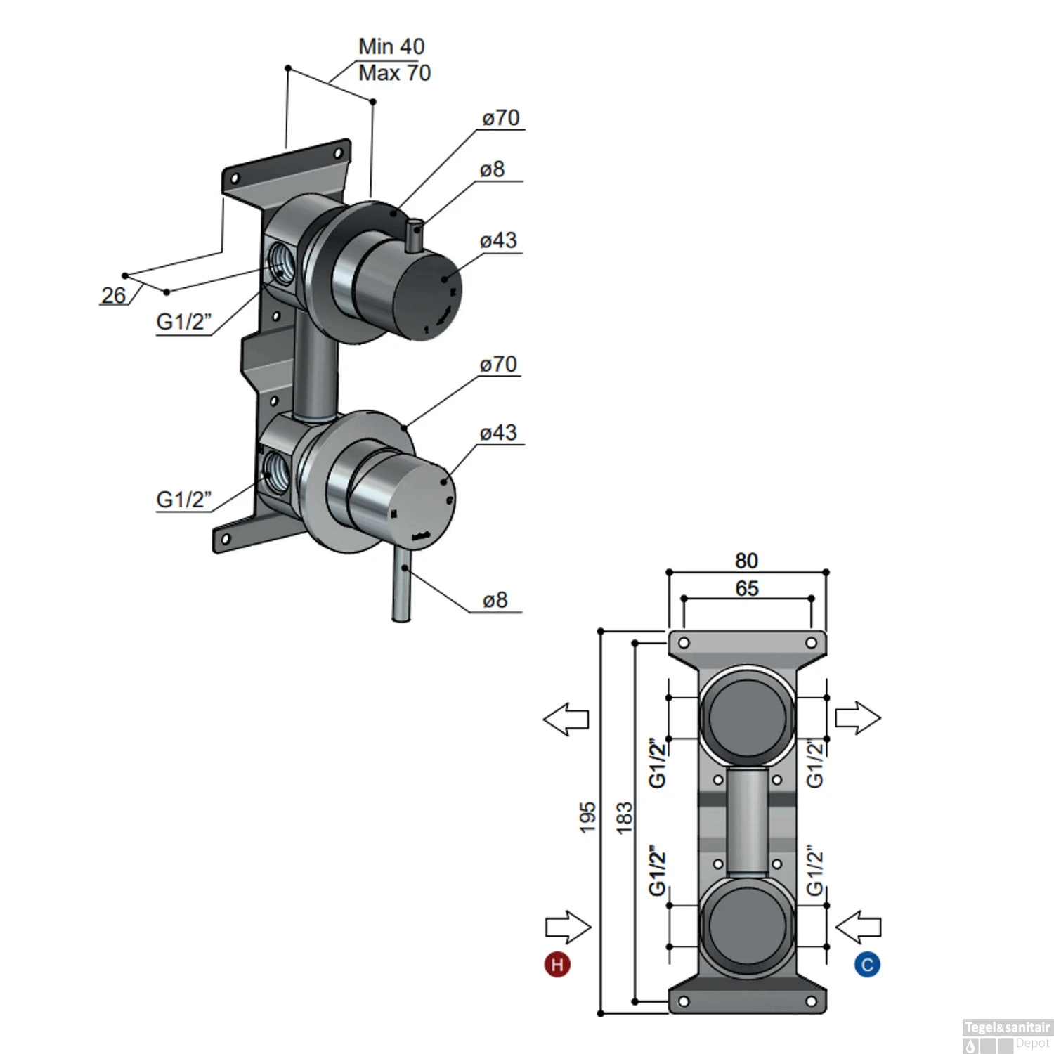 Douchekraan Inbouw Hotbath Archie Mengkraan 2-weg Omstel RVS316 4 Douchekraan Inbouw Hotbath Archie Mengkraan 2-weg Omstel RVS316 - Afbeelding 2
