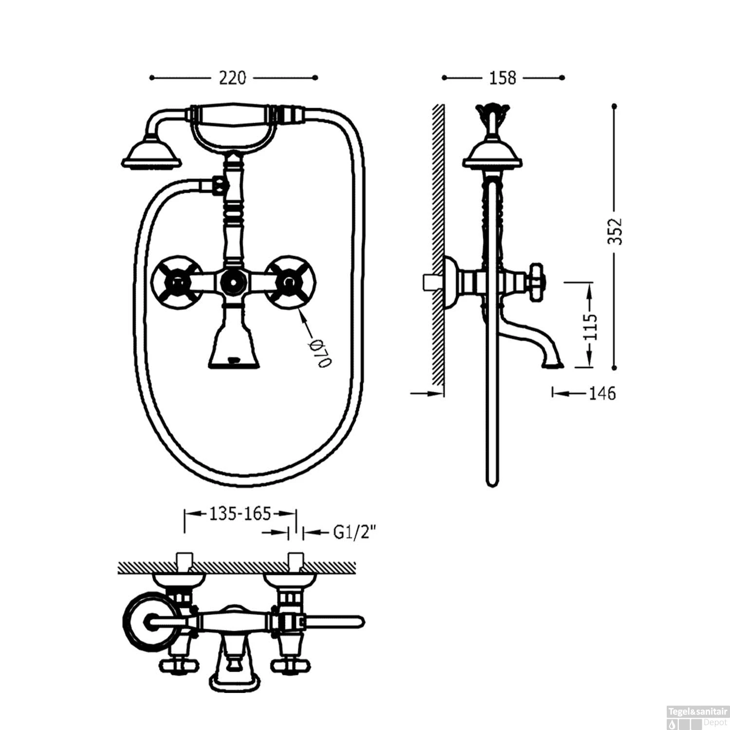 Badmengkraan Tres Clasic 2 Kruisgreep Incl Handdouche Met Steun RVS 4 Badmengkraan Tres Clasic 2 Kruisgreep Incl Handdouche Met Steun RVS - Afbeelding 2
