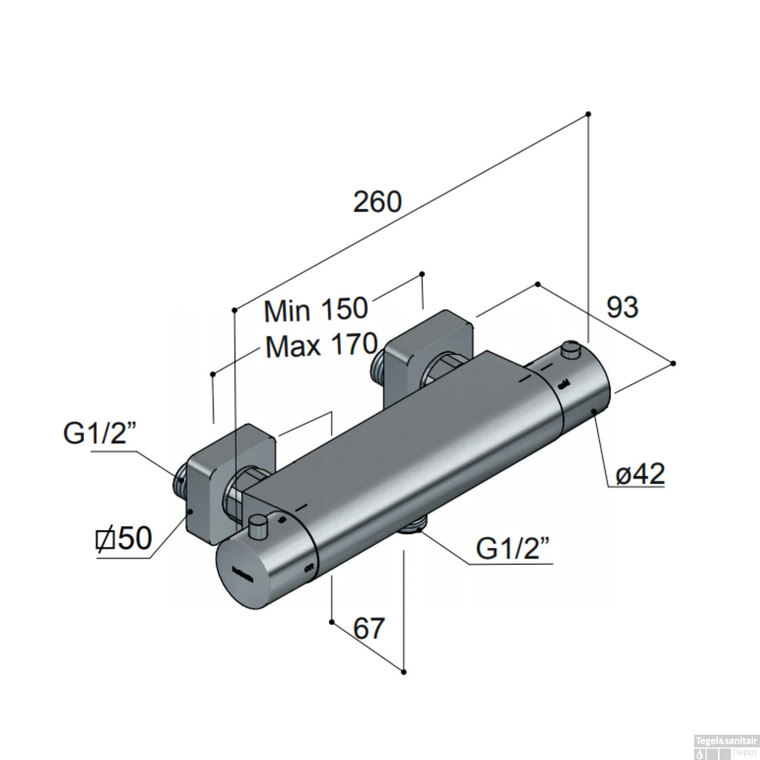 Douchekraan Hotbath Gal Opbouw Thermostaatkraan Geborsteld Gunmetal PVD 5 Douchekraan Hotbath Gal Opbouw Thermostaatkraan Geborsteld Gunmetal PVD - Afbeelding 3