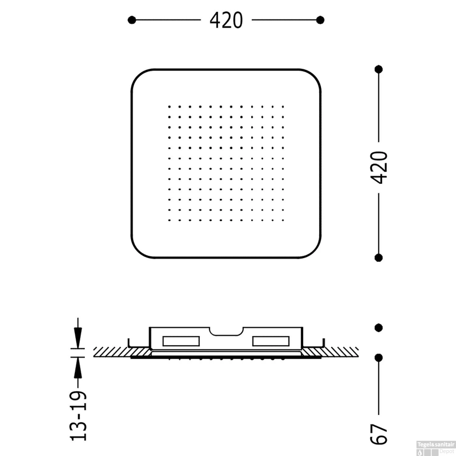 Hoofddouche Tres Plafond 42x42 Cm Vierkant Patroon Ronde Hoeken Staal 4 Hoofddouche Tres Plafond 42x42 Cm Vierkant Patroon Ronde Hoeken Staal - Afbeelding 2