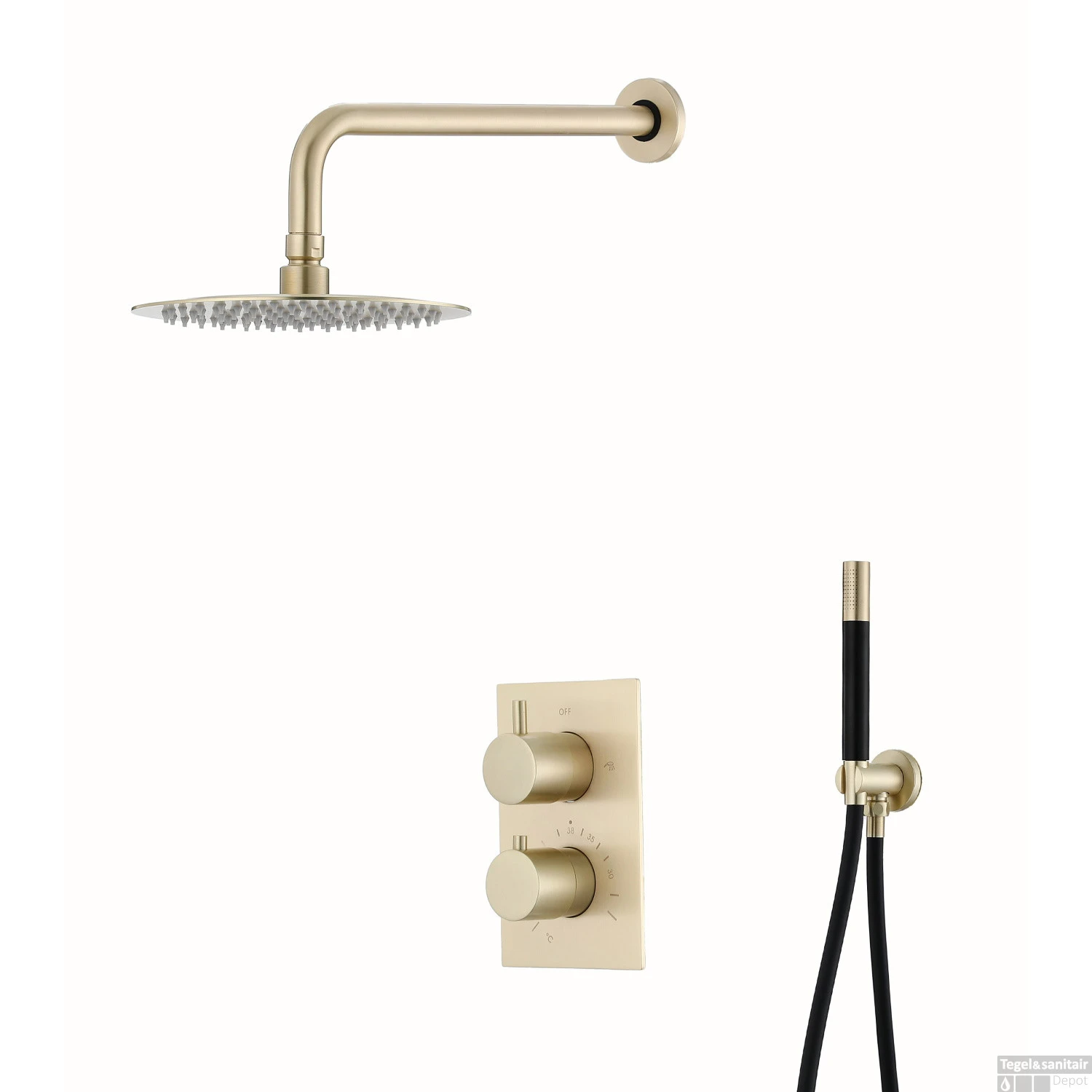 Inbouw Regendouche Set Boss & Wessing Gold Pro Wanduitloop 30 Cm Hoofddouche Mat Goud En Zwart