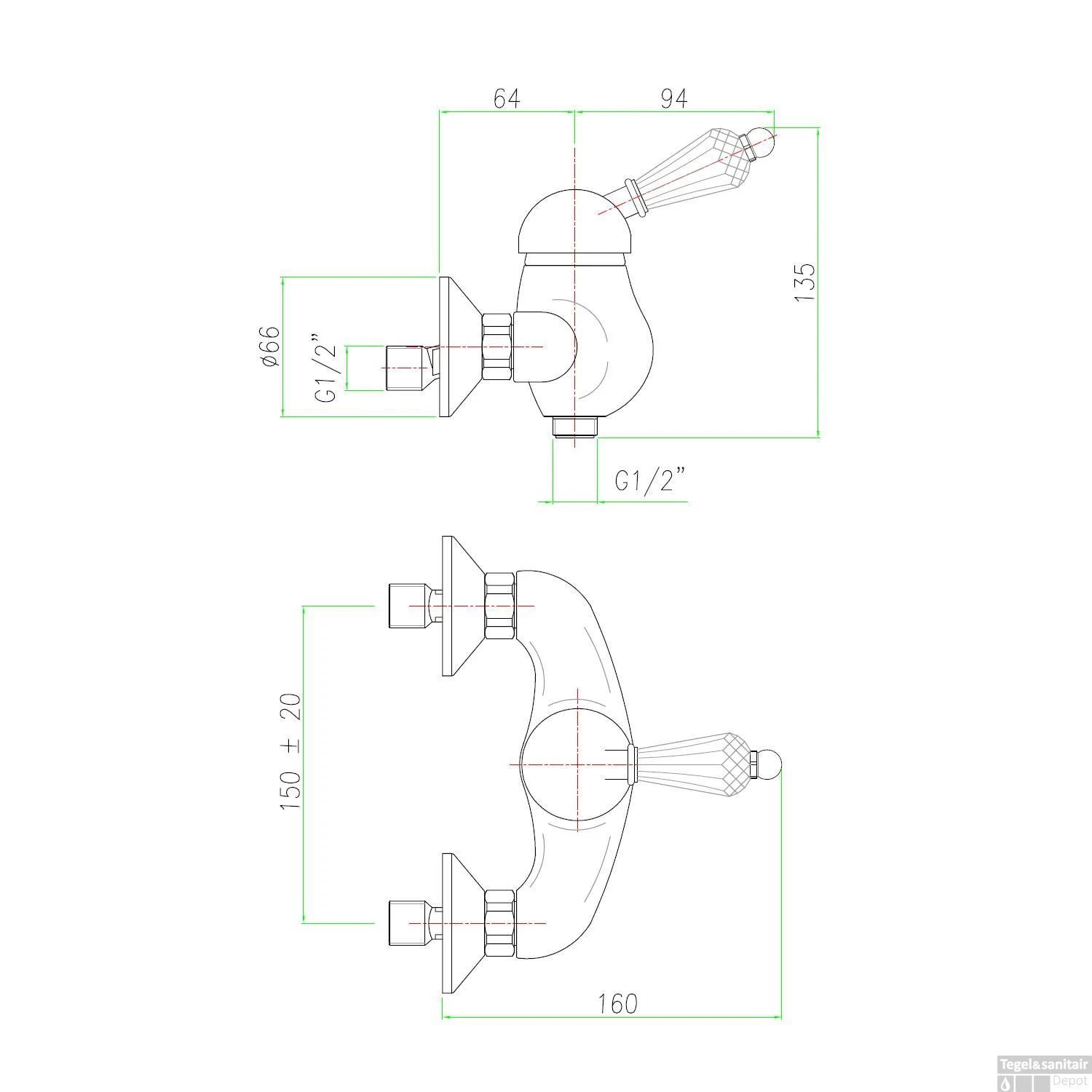 Opbouw Douchekraan Sapho Kirké Mengkraan Retro Kristal 1-hendel Goud 5 Opbouw Douchekraan Sapho Kirké Mengkraan Retro Kristal 1-hendel Goud - Afbeelding 3
