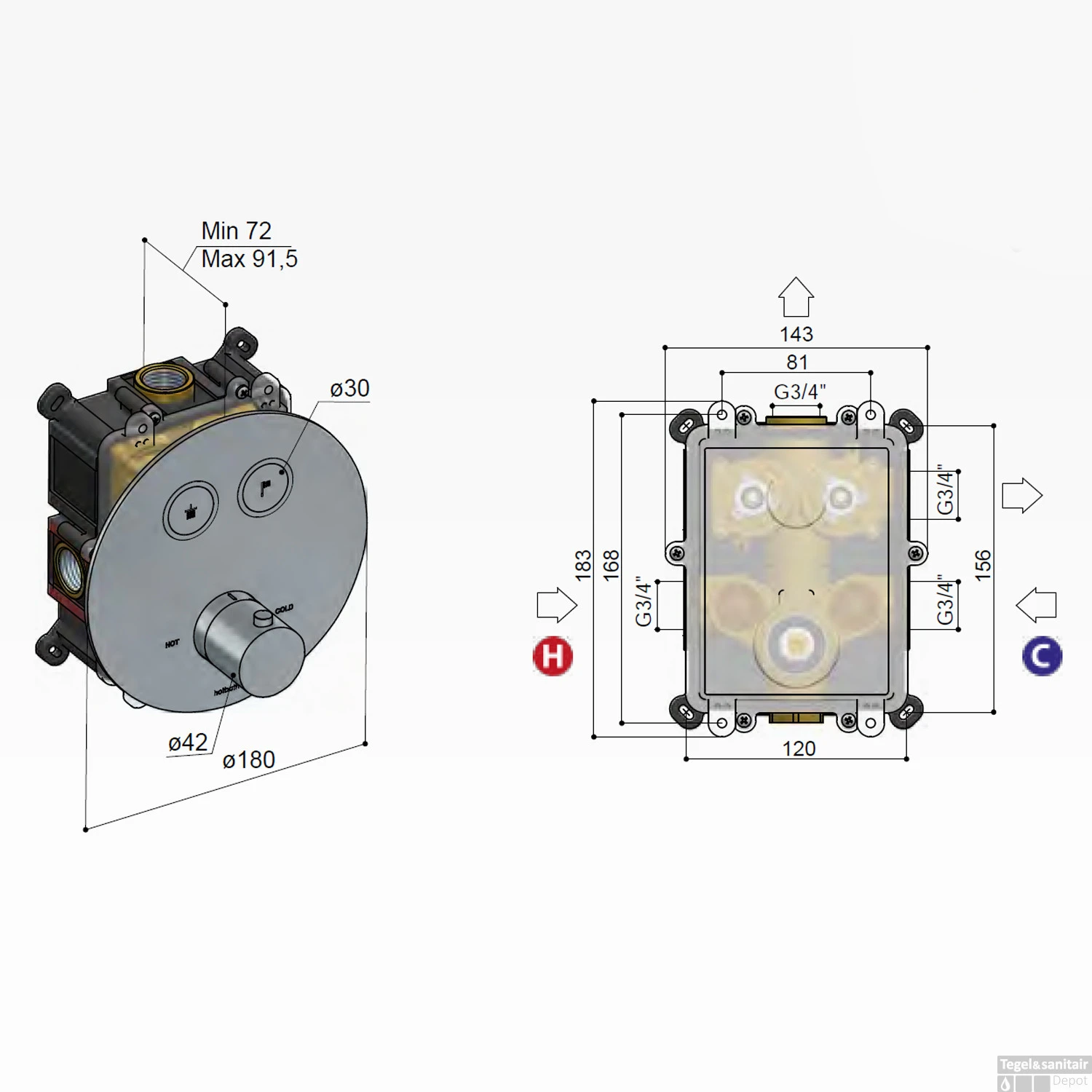 Douchethermostaat Hotbath Cobber Inbouw 2 Pushbuttons Rond Geborsteld Messing PVD (excl. Inbouwdeel) - Afbeelding 3