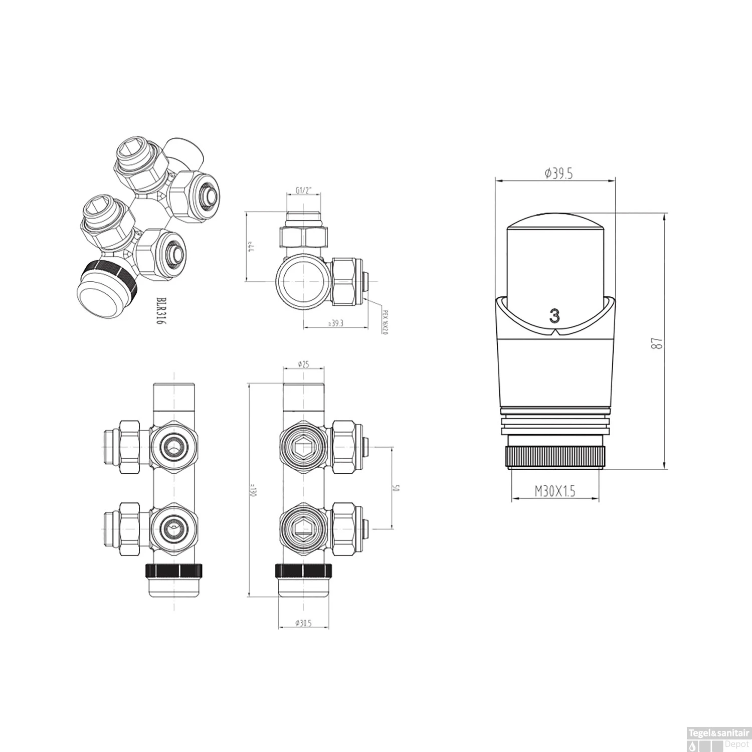 Radiator Onderblok Boss & Wessing Aloni Haaks Links Mat Zwart Midden Aansluiting - Afbeelding 2
