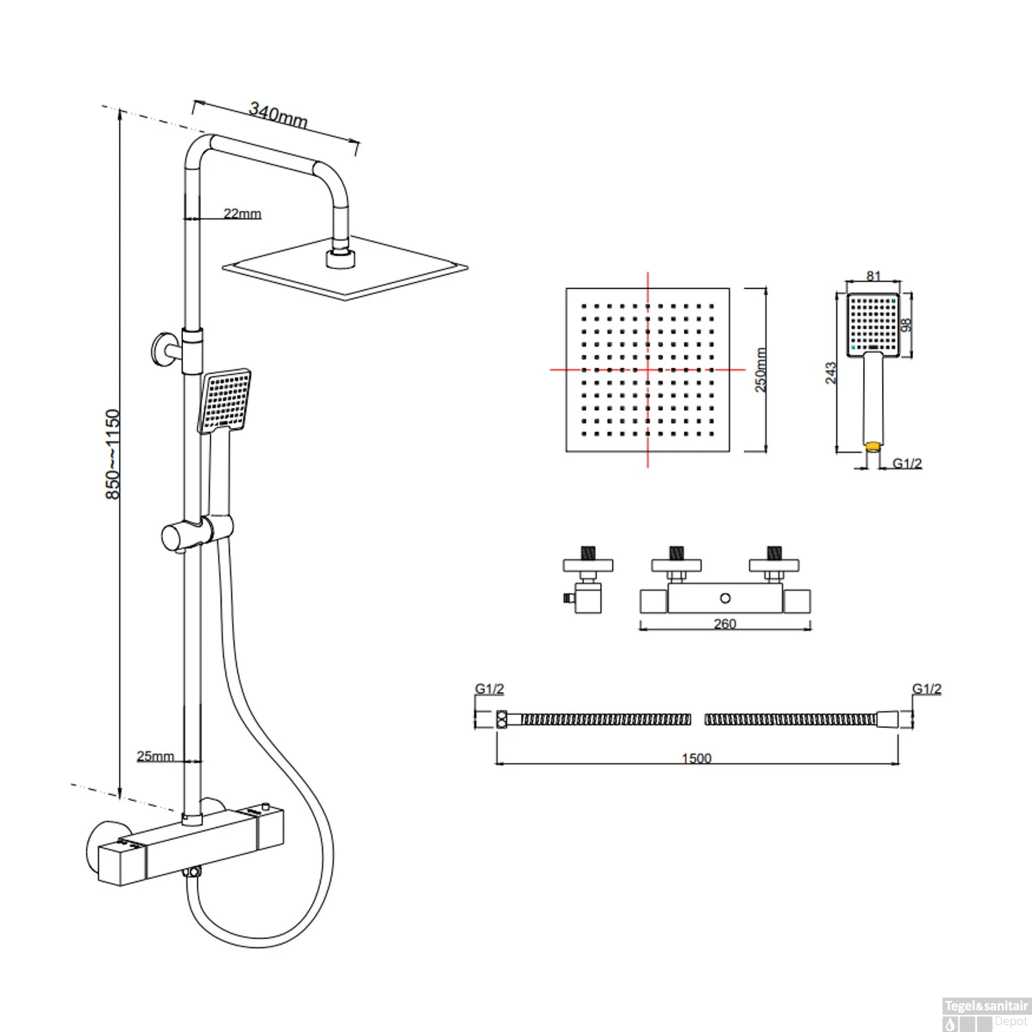 Differnz Regendouche | Thermoline Vierkant | 25x25cm Stortdouche Met Handdouche | Mat Zwart | Opbouw 13 Differnz Regendouche | Thermoline Vierkant | 25x25cm Stortdouche Met Handdouche | Mat Zwart | Opbouw - Afbeelding 11