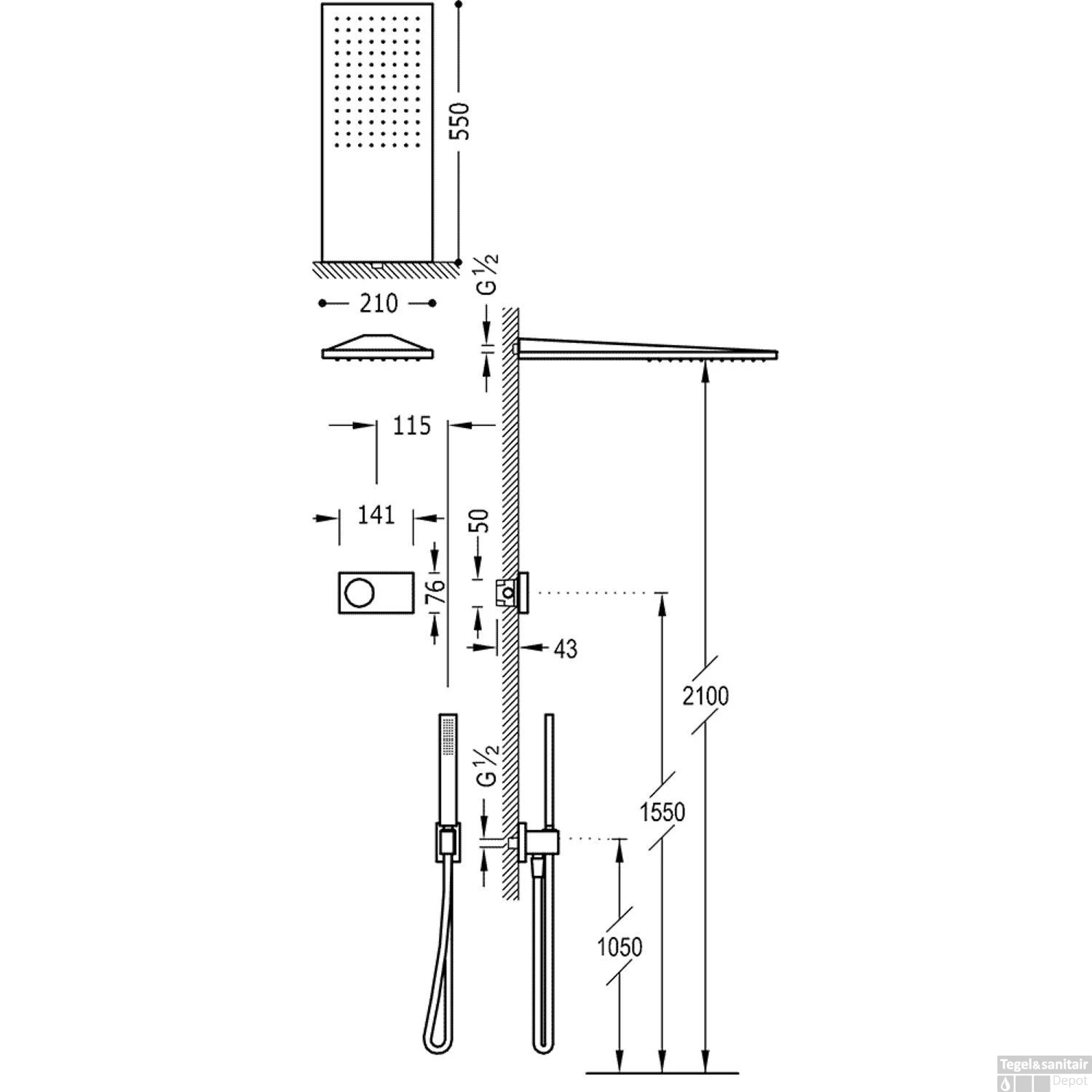 Regendoucheset Elektronisch Tres Slim Exclusive Inbouw Thermostatisch Mat Zwart 4 Regendoucheset Elektronisch Tres Slim Exclusive Inbouw Thermostatisch Mat Zwart - Afbeelding 2