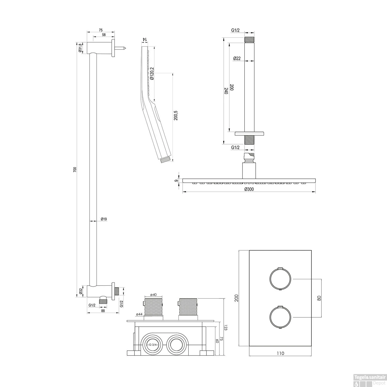 Regendoucheset Inbouw Brauer Chrome Carving Thermostatisch 30cm Met 3-Weg Omstelling, Plafondarm, Glijstang En Handdouche 3-Standen Chroom - Afbeelding 12