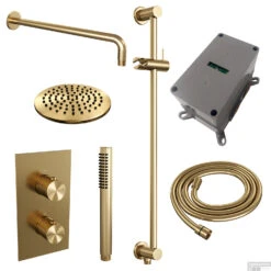 Regendoucheset Inbouw Brauer Gold Carving Thermostatisch 20cm Met 3-Weg Omstelling, Gebogen Wandarm, Glijstang En Staaf Handdouche Geborsteld Goud -Badkamermeubels regendoucheset inbouw brauer gold carving thermostatisch 20cm met 3 weg omstelling gebogen wandarm glijstang en staaf shop