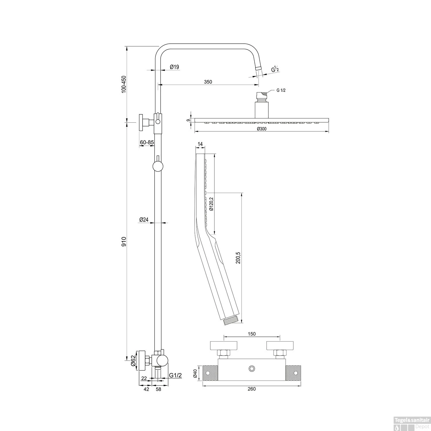 Regendoucheset Opbouw Brauer Brushed Carving 30 Cm Thermostatisch Met Handdouche 3-Standen Geborsteld RVS - Afbeelding 7