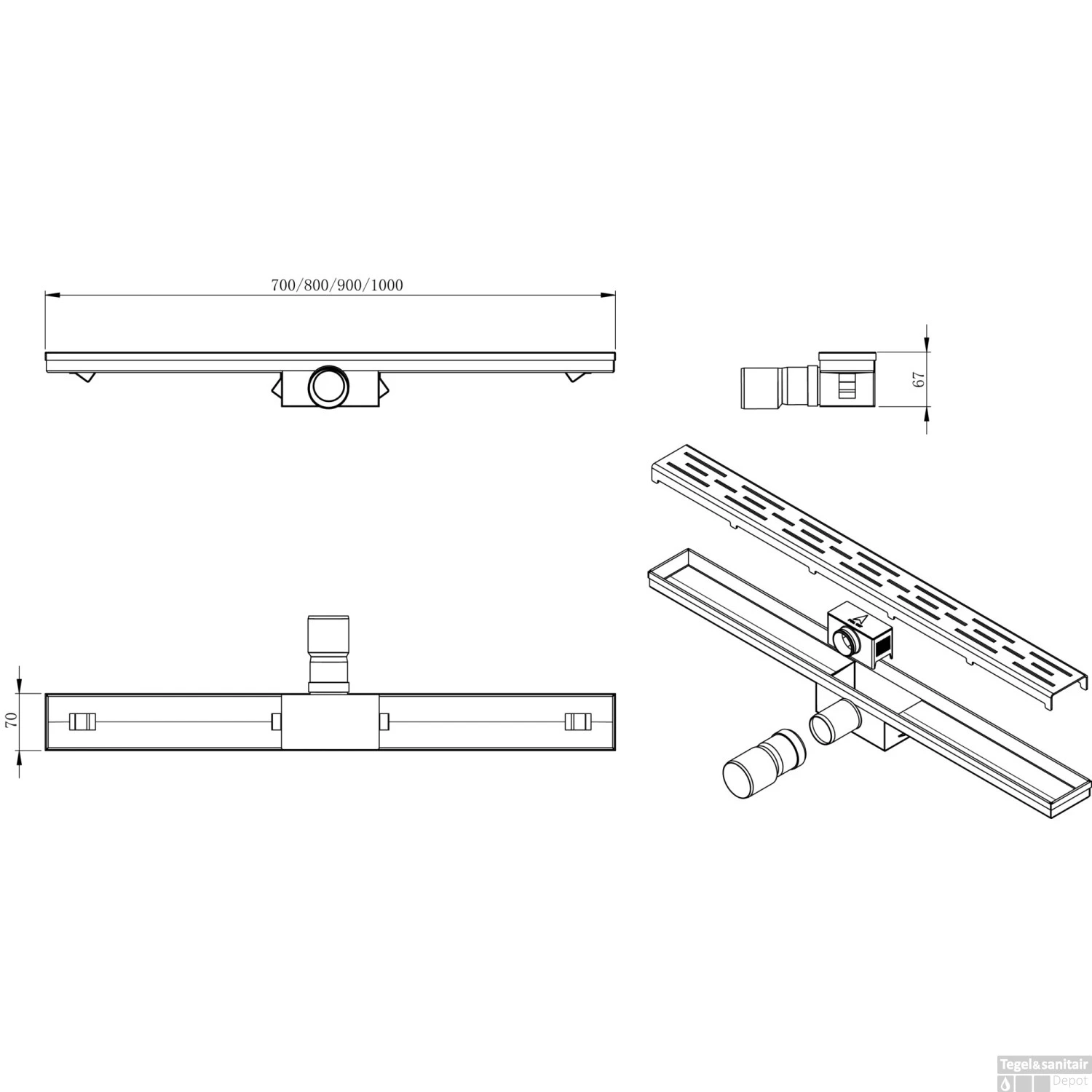 Wiesbaden RVS 3e GEN.douchegoot Inclusief Flens Sifon En Filter 70x7cm RVS - Afbeelding 2